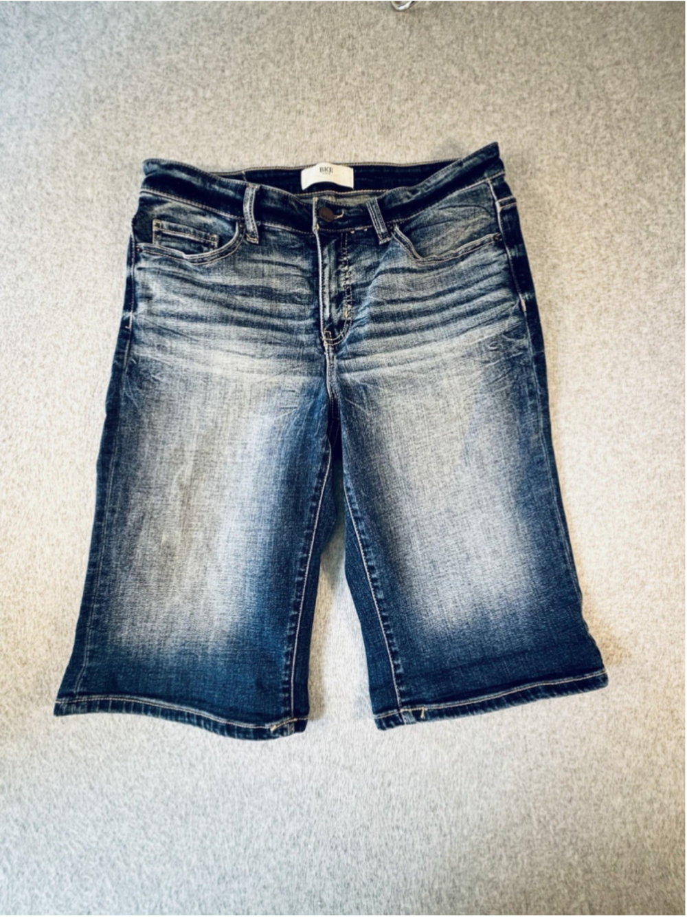 BKE Denim Womens 29 Bermuda Jean Shorts Medium Wash Stretch Long Jorts Buckle